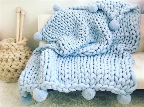 Merino Wool Blanket With Pom Poms Ice Blue Chunky Knit Blanket