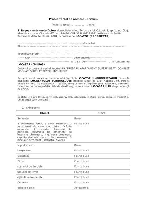 DOC Proces Verbal De Predare Apartament Mircea Eliade Inchiriere