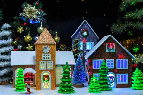 Christmas Town With Colorful Houses Chapels And Christmas Trees Of