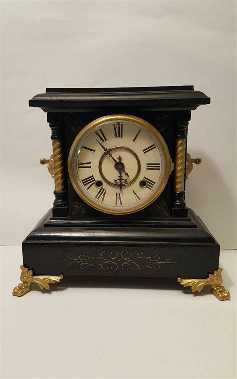 Antique New Haven Cast Iron Mantle Clock Wgold Gilt Accents Clock