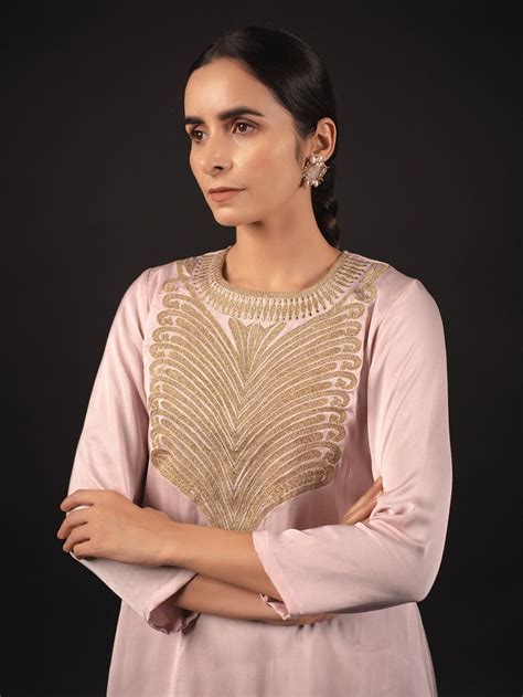 Buy Light Pink Zari Embroidered Modal Satin Kurta With Dhoti Pants