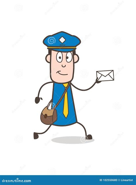 Postman Running With Bag Delivering Letter In Envelope Mailman In