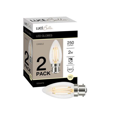 Luce Bella Candle Filament B22 Led 250lm Warm White 2w Globe 2 Pack