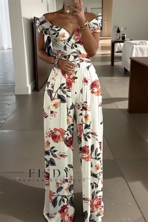 Fisdy Stylish Deep V Neck Printed Jumpsuit Trousers Fisdy Fashion