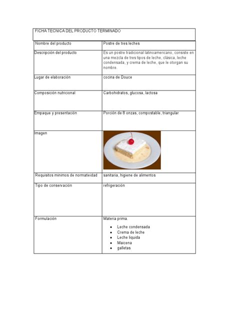 Ficha Tecnica Del Producto Terminado Pdf Leche Postres