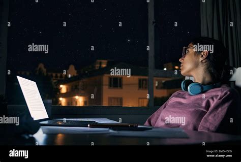 Woman Thinking At Night Student And Laptop For Test Distracted Girl