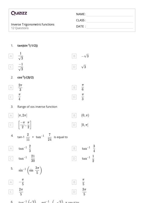 50 Inverse Trigonometric Functions Worksheets For 11th Year On