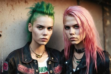 Portrait Of Two Beautiful Punk Girls With Colored Dyed Hair Punk Style