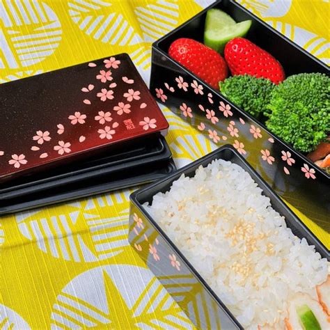 Sakura Crimson Long Slim 2 Tier Bento Box Sakura Blossum Prints