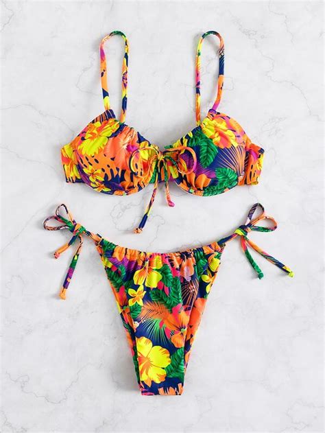 SHEIN Swim Vcay Bañador bikini con aro al azar con estampado tropical