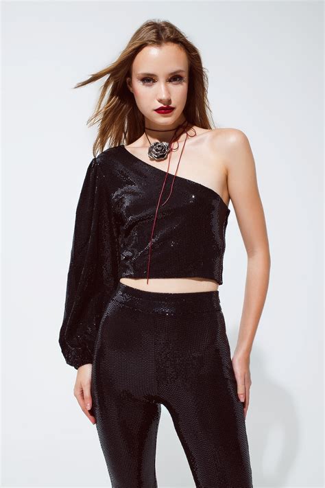 Party Cropped One Shoulder Top With Glitter Detail In Black Pulcini World