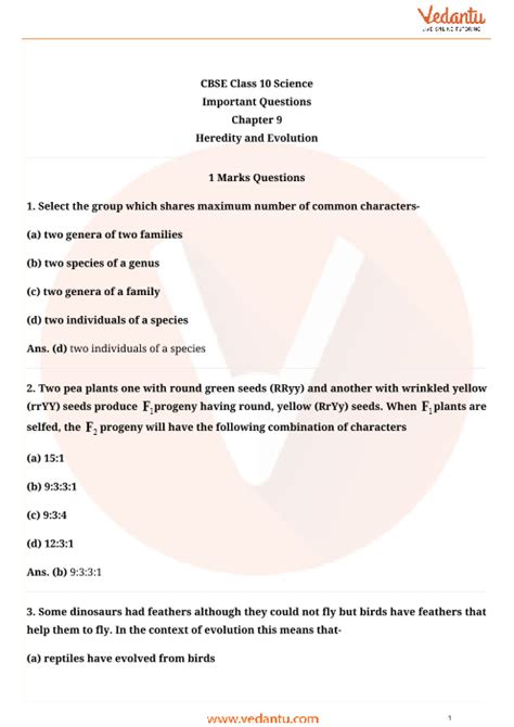 Important Questions For Cbse Class 10 Science Chapter 9 Heredity And