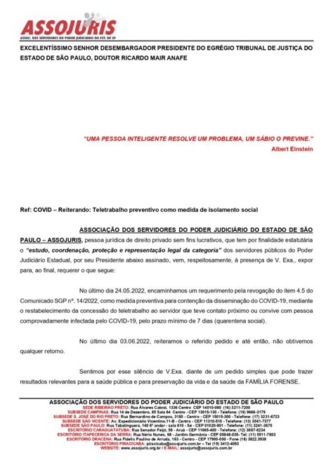 ASSOJURIS reitera pedido de restabelecimento do teletrabalho temporário