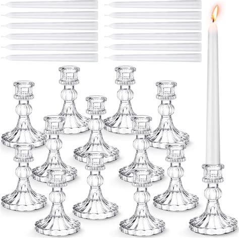 Suclain 24 Pcs Glass Taper Candle Holder Set 12 Clear Candlestick Holder With 12