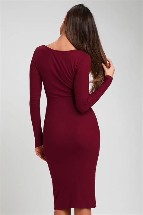 Cozy Burgundy Dress Ribbed Knit Dress Midi Dress Bodycon