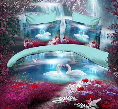 Swan Couple Lover 3d Bedding Set Night Waterfall Swan Lake 4pcs Bed Set Comforter Cover Bed