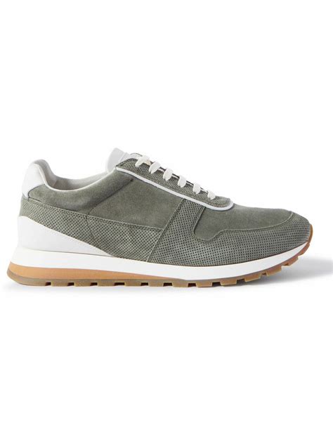 Brunello Cucinelli Leather Trimmed Perforated Suede Sneakers Green