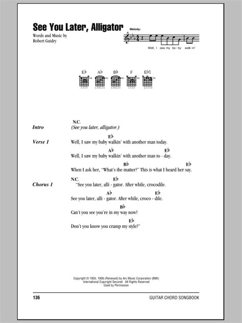 See You Later Alligator Sheet Music Bill Haley And His Comets Guitar Chords Lyrics