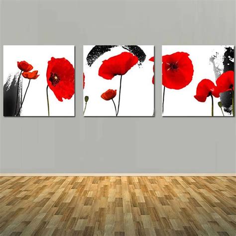 Handmade Modern Abstract Three Panels Red Flower Canvas Art Oil Painting Red Flower Wall Decor ...