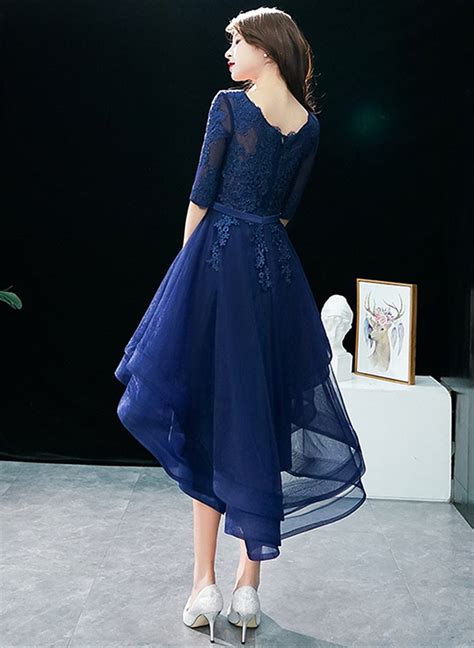 Navy Blue High Low Tulle With Lace Party Dress Blue Homecoming Dress