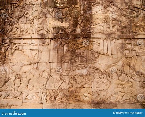 Details Of Stone Carvings At Bayon Temple Angkor Wat Cambodia Stock