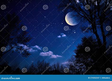 Dark Blue Sky With Shining Stars And Moon In The Background Stock