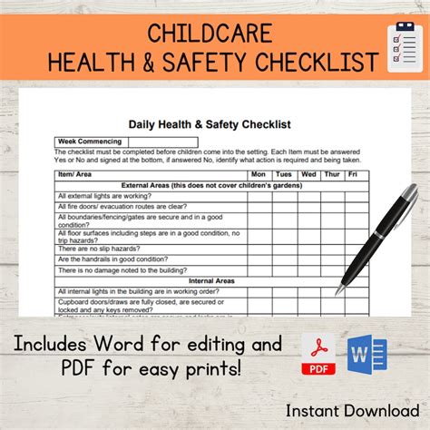 Child Care Health And Safety Checklist Daycare Child Minding