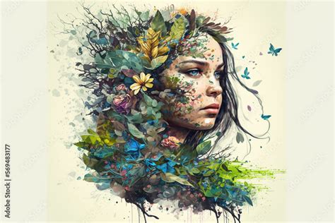 Beautiful Girl Symbolising Mother Nature Concept Seamlessly Merged With