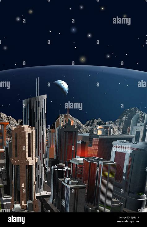 Futuristic City Under A Dome On The Moon Human Colony 3d Illustration