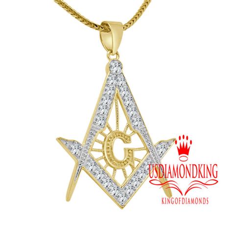 Mens Real Yellow Gold On Silver Lab Diamond Masonic G Mason Pendant