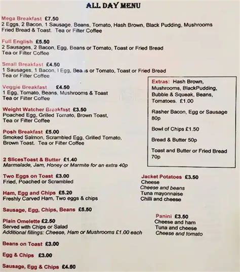 Menu at Joe's Cafe, Chertsey