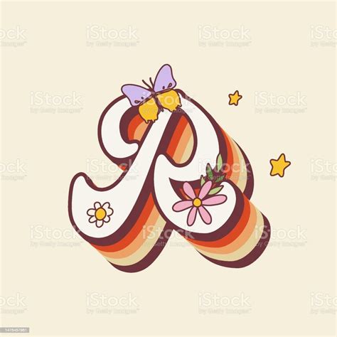 Groovy Retro Hippie Stylized Initial Letter R With Flowers Seventies Letter For Nostatgic Print