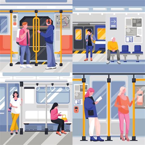 Premium Vector Hand Drawn Cartoon People On Subway Composition Set