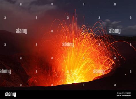 Vanuatu Tanna Island View Of Lava Erupting At Yasur Volcano Stock