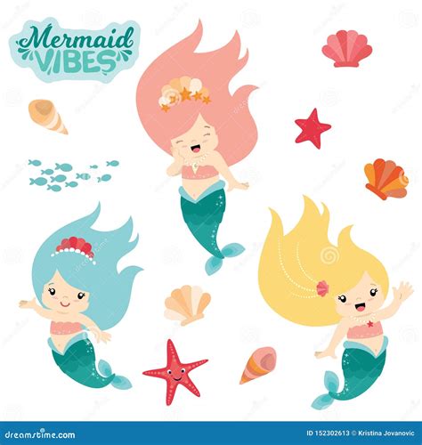 Under The Sea Cute Kawaii Style Mermaids Design Set Flat Vector