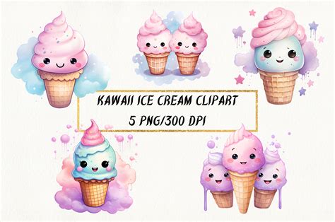 Watercolor Kawaii Ice Cream Clipart Pink Icea Cream PNG Bundle For