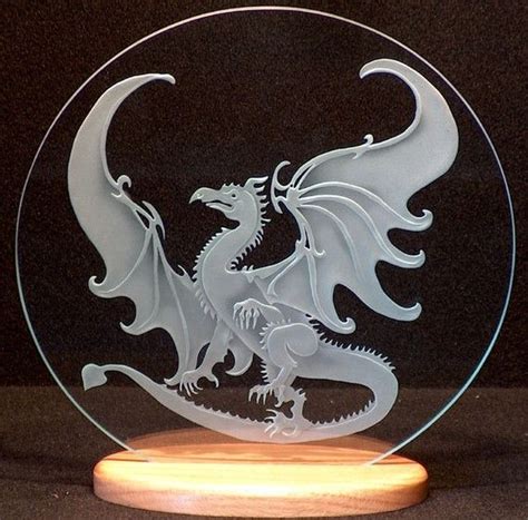 Carved Glass Dragon In Handcrafted Wooden Base Etsy Glass Etching Designs Glass Engraving