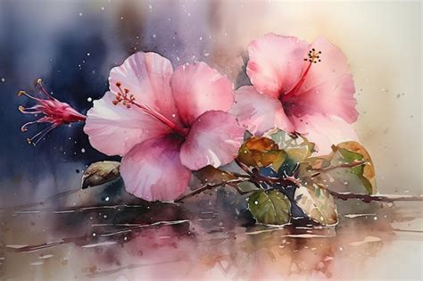 Premium Ai Image A Watercolor Painting Of A Pink Hibiscus Flower