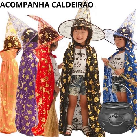 Fantasia Kit Bruxo Infantil Capa E Chapeu E Caldeirao Bruxa Bruxinha