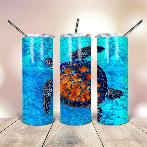 20 Oz Skinny Tumbler Blue Sea Turtle Wrap Tapered Straight Etsy