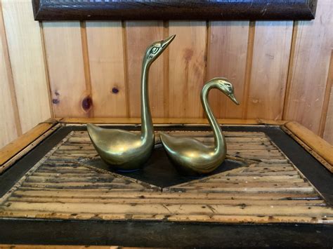 Vintage Brass Swan Figurine Pair Swan Shelf Decor Mid Century Modern