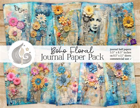 Boho Floral Junk Journal Kit Bohemian Flowers Printable Pages Digital