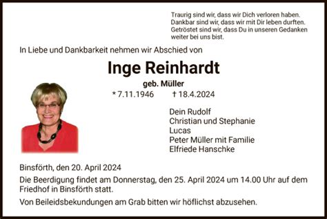 Traueranzeigen Von Inge Reinhardt Trauer HNA De