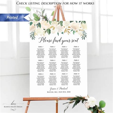 Printed Ivory Cream Gold Floral Wedding Seating Chart Board ...