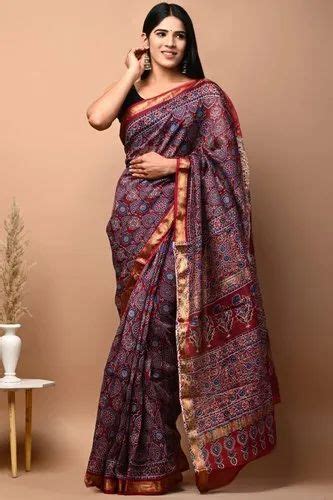 Hand Block Printed Maheshwari Silk Saree 5 5 M Separate Blouse Piece