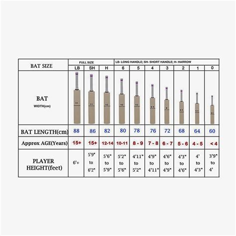 Cricket Bat Size Chart