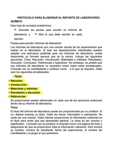 Partes DEL Informe PROTOCOLO PARA ELABORAR EL REPORTE DE LABORATORIO