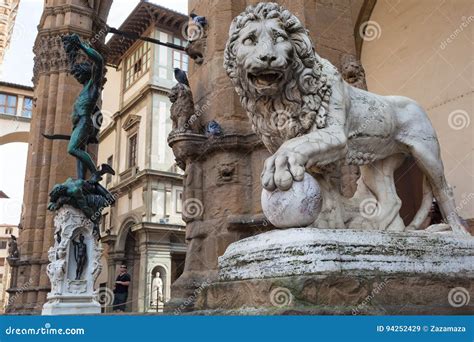 Florence Lion Statue At The Loggia Dei Lanzi In Florence Italy