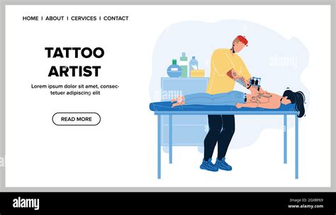 Tattoo Artist Tattooing Woman Back In Salon Vector Stock Vector Image