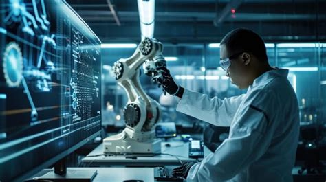 Ingeniero robótico trabajando en un laboratorio con un brazo robótico